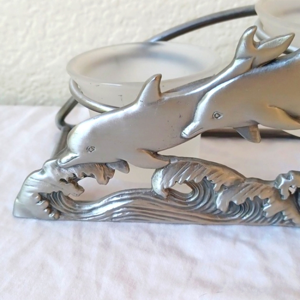 Dolphin Triple Tea Light Candle Holder, Metal with 3 Frosted Glass Cups